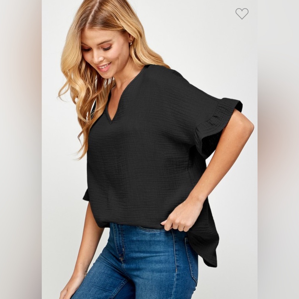 2Hearts Women's Black Ruffle Sleeve Cotton Gauze Blouse - Picture 3 of 4